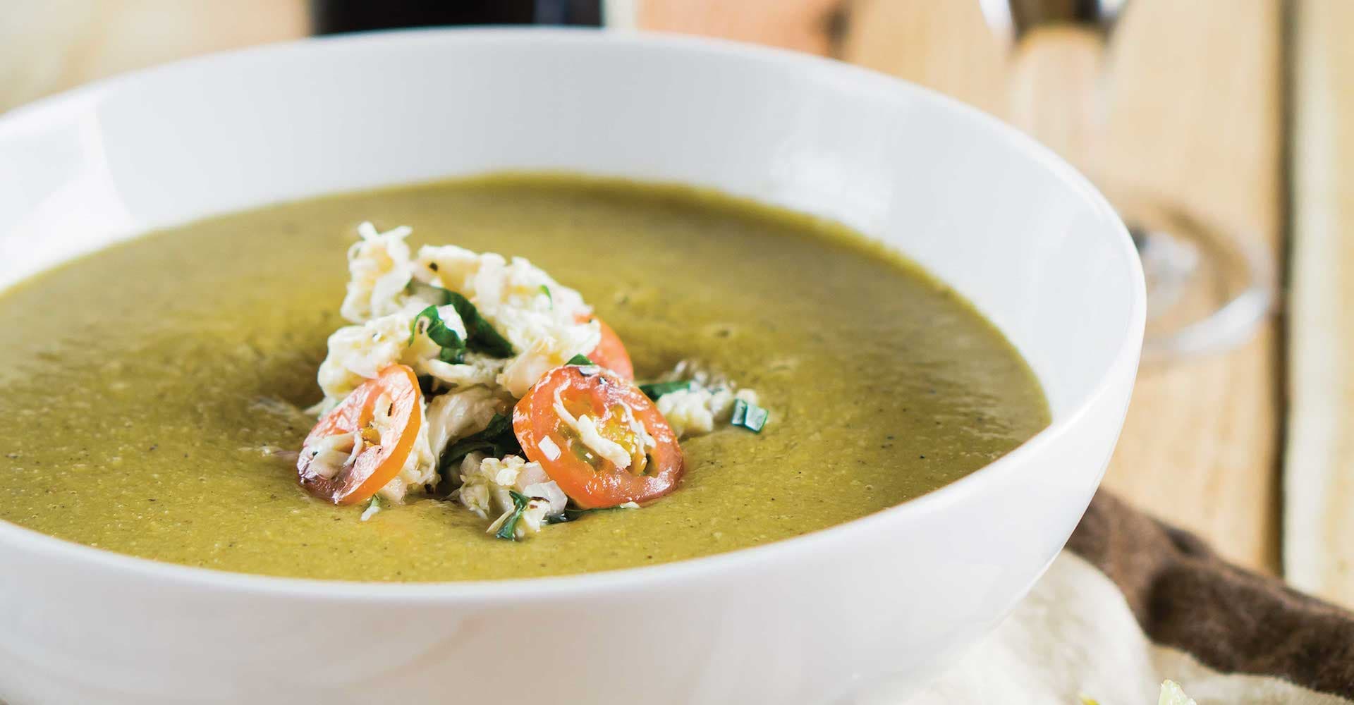Spicy Grilled Corn & Beer Soup with Crab Salad Recipe