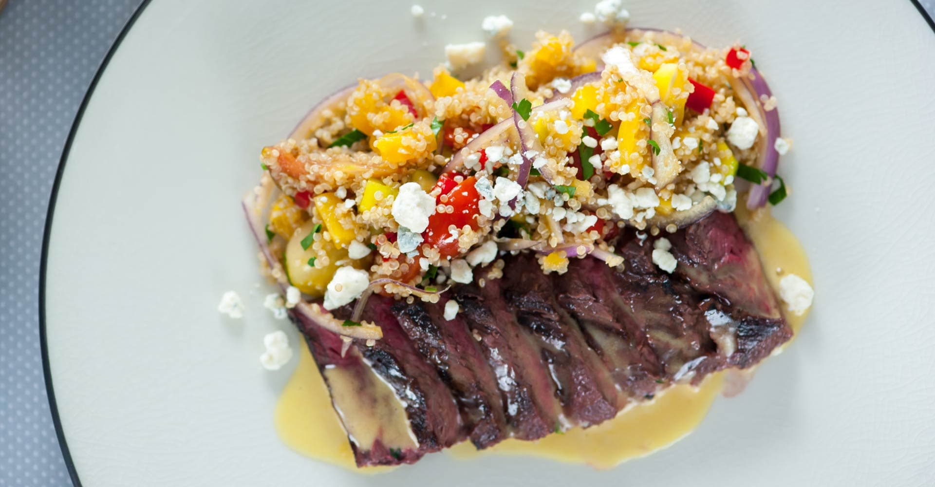 Flat Iron Steak with Beer Hollandaise and Heirloom Tomato-Quinoa Salad Recipe