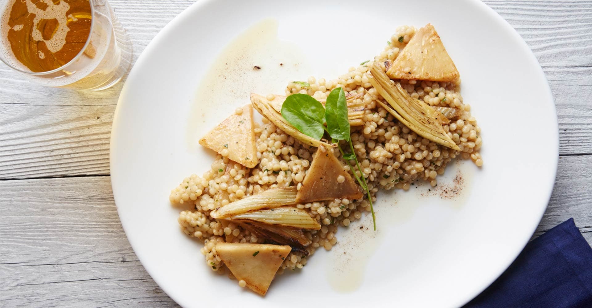 Brown Butter Couscous with Beer-Braised Fennel and Celery Root Recipe