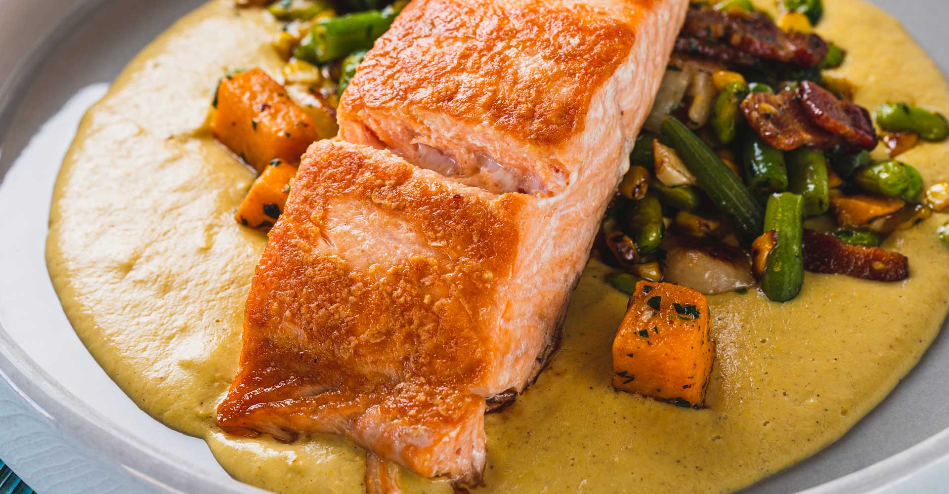 Cooking with Lager: Seared Salmon with Sweet Potato–Edamame Succotash and Sweet Corn Puree